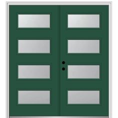 a green double door with two side panels on the top and bottom, in front of a white background