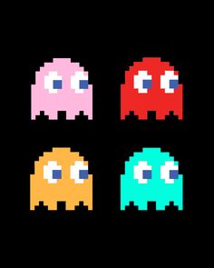 four different colored pac - man faces in pixel art style on black background, each with one eye open and two eyes closed