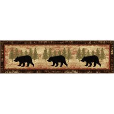 two bears walking in the woods on a rug with trees and pine trees behind them