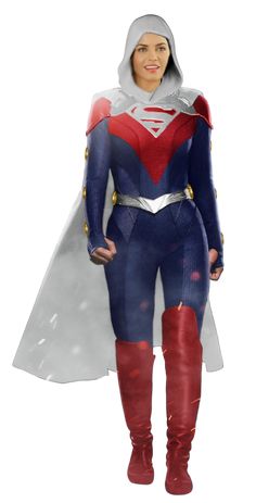 a woman in a superman costume standing with her hands on her hips and wearing red boots