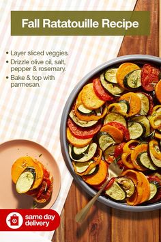 a pan filled with sliced vegetables on top of a wooden table