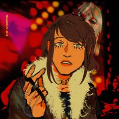 a digital painting of a woman making the peace sign with her hand and wearing a fur collar