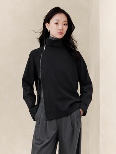 Two-Way Zipper Sweatshirt | Banana Republic Factory Fall Tops With Asymmetrical Zipper Closure, Trendy Half-zip Sweatshirt With Zipper Closure, Modern Tops With Zipper Closure For Work, Modern Half-zip Tops For Fall, Lake Style, Zipper Sweatshirt, Sweatshirt Zipper, Banana Republic Factory, Exposed Zipper