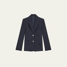 Theory pinstripe suiting blazer with silvertone shank buttons Notched lapels; two-button front Long sleeves with button cuffs Chest welt pocket Front flap pockets Hits below the hips Tailored fit Wool/spandex Imported Shank Button, Tailored Jacket, Flap Pocket, Welt Pocket, Tops Designs, Long Sleeves, Spandex, Blazer, Luxury Fashion