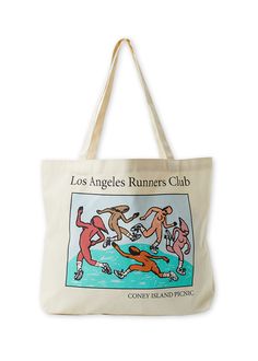 Join the movement with our Los Angeles Runners Club Graphic Tote Bag. Embrace the cream screen-printed tote featuring an authentic Coney Island Picnic design, designed to inspire the runner in you. Its spacious interior and twin carry handles make it perfect for all your needs, from back-to-school items to groceries. Show your dedication to an active lifestyle and carry your essentials with style and convenience using this versatile tote. 100% Cotton Canvas Screen printed Return Policy Shipping Functional Bags With Logo Print, Functional Everyday Bags With Logo Print, Functional Logo Print Bag, White Shoulder Bag With Logo For Everyday Use, White Shoulder Bag With Logo Print, Sporty White Canvas Tote Bag, White Screen Print Bags For Everyday Use, White Graphic Print Shoulder Bag For Travel, Farm Merch