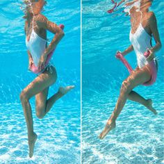 two pictures of a woman in white swimsuits jumping into the water and holding a pink object