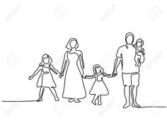 a black and white line drawing of a family holding hands with one child in the other hand