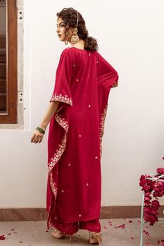 Buy Red Velvet Silk Hand Embroidered Ibtida Gulabi Kaftan And Pant Set For Women by Maison Shefali Online at Aza Fashions. Cutdana Work, Kaftan Designs, Silk Kaftan, Pants Pattern, Pant Set, Work Pants, Set For Women, Flared Sleeves, Aza Fashion