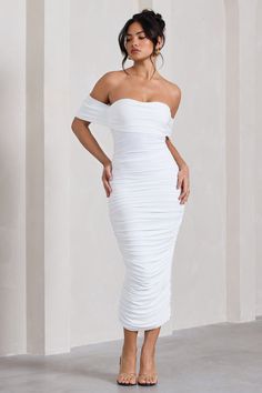 Lost For Words | White Bardot Ruched Draped Midi Dress White Off The Shoulder Dress, Lost For Words, White Off Shoulder Dress, Draped Midi Dress, White Lilly, Midi Bridesmaid Dress, Draped Midi Dresses, Black Dress Prom, Simple Accessories