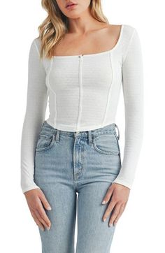 A corseted silhouette makes this ribbed square-neck top ideal for date night. 19" length (size Medium) Square neck Long sleeves 65% polyester, 28% rayon, 7% elastane Hand wash, dry flat Imported Fitted Crop Top With Straight Neckline For Spring, Fitted Ribbed Top With Square Neck, Fitted Top With Straight Neckline For Spring, Square Neck Ribbed Stretch Tops, Fitted Ribbed Tops With Square Neck, Ribbed Fitted Top With Square Neck, Fitted Tops With Straight Neckline For Spring, Ribbed Fitted Square Neck Top, Fitted Tops With Straight Neckline