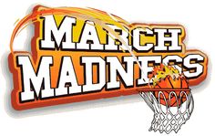 the march madness logo with a basketball going through it's hoop in front of an orange and white background