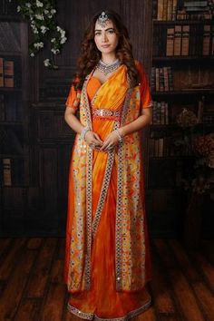 Shop for Archana Kochhar Yellow Sunrise Saree Set With Jacket for Women Online at Aza Fashions Blouse With Mirror Work, Mirror Work Border, Mirror Work Saree, Saree Georgette, Embellished Belt, Yellow Saree, Orange Blouse, Work Sarees, Jacket For Women