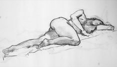 a pencil drawing of a naked woman laying on the ground with her back turned to the camera