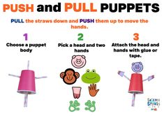 a puppet made from a paper cup and straws Push Pull Anchor Chart Kindergarten, Push And Pull Activities Kindergarten Science Experiments, Push Pull Anchor Chart, Push And Pull Experiments For Kids, Push And Pull Activities, Motion Activities, Kindergarten Anchor Charts, Science For Toddlers