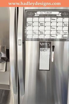 a stainless steel refrigerator with magnets on it and a note board attached to the door