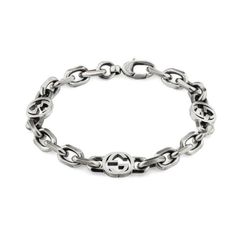 From Gucci, this sterling silver bracelet boasts an aged finish that adds an antique quality to the design of the piece. The iconic Gucci interlocking G design is repeated amongst chunky chain links to create monogram styling. This bracelet is 6.5 inches in length. Made in Italy. Brands Outfits, Gucci Chain, Designer Brands Fashion, Shine Jewelry, The Gold Rush, High Street Shops, Silver Link Bracelet, Family Gift Ideas, Gucci Jewelry