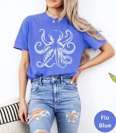 Octopus Comfort Colors Shirt, Trendy Octopus Tshirt, Squid Shirt for Her, Summer Beach Vacation Ocean Marine T Shirt, Nature Lover Gift - Etsy Blue Beach T-shirt With Front Print, Blue Short Sleeve T-shirt For Beach Season, Blue Short Sleeve T-shirt For Beach, Blue Cotton T-shirt For Beach Season, Beach Season Crew Neck Shirt With Screen Print, Beach Season Screen Print Crew Neck Shirt, Summer Blue T-shirt With Screen Print, Trendy Pre-shrunk Beach Shirt, Pre-shrunk Casual T-shirt For Beach Season