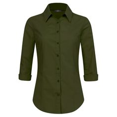 This 3/4 sleeve button down collared blouse is the perfect piece to add sophistication to any wardrobe. The lightweight fabric (97% Cotton / 3% Spandex) is perfect for a day in the office or a night out with friends. The classic silhouette features a notched collar and three-quarter length sleeves that are perfect for dressing up or down. The buttons are a glossy black, adding an extra touch of sophistication and class. The blouse comes in a variety of colors, allowing you to find the perfect hu Green Button Up Shirt, Collard Shirt, Collared Blouse, Women's Button Down Shirt, Business Wear, Comfortable Tops, Notched Collar, Women's Wardrobe, Formal Shirts