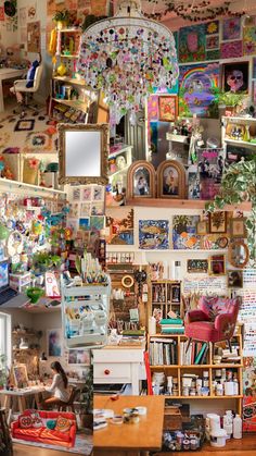 a room filled with lots of clutter and pictures hanging on the wall next to each other