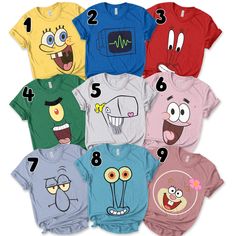 Spongebob Characters Costume Group, Spongebob Second Birthday Party, Sponge Bob Characters Costumes, Spongebob Bachelorette, Spongebob Adult Party, Spongebob Themed Birthday Party Ideas, Adult Spongebob Party, Halloween Costumes Matching, Spongebob Tshirt