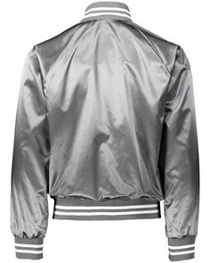 Unisex Striped Trim Satin Baseball Jacket - METALLC SLVR/ WH - 3XL | Augusta Sportswear Striped Trim Satin Baseball Jacket in Metallc Silver/White Size 3XL | Nylon Sports Outerwear With Ribbed Cuffs For Sports Season, Ribbed Cuffs Outerwear For Sports Events, Nylon Sports Outerwear For Sports Season, Sports Fall Windbreaker With Ribbed Cuffs, Sporty Nylon Varsity Jacket With Long Sleeves, Sports Long Sleeve Windbreaker With Ribbed Cuffs, Varsity Outerwear For Sports Season, Sports Windbreaker With Ribbed Cuffs For Winter, Sporty Nylon Varsity Jacket For Winter