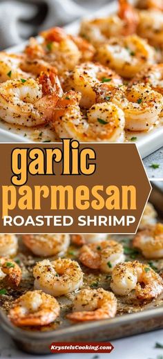 garlic parmesan roasted shrimp on a white platter with text overlay that reads garlic parmesan roasted shrimp