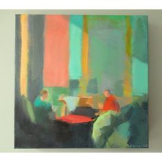 an abstract painting of people sitting at a table in front of colorful walls and windows