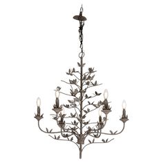 a chandelier with five lights hanging from it's center and leaves on the bottom