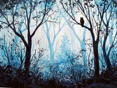 an acrylic painting of trees with a bird perched on the tree branch in the foreground