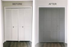 before and after pictures of closet doors in a bedroom with wood flooring on the side