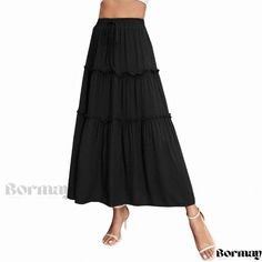 Bormay - Loose-Fitting Waist-Cinching Monochromatic Casual Midi Skirt Casual Midi Skirt, Midi Skirt Casual, Cake Dress, Embroidered Crop Tops, Dress Stretch, Dress Cake, Black Midi Skirt, Asymmetrical Skirt, Types Of Skirts