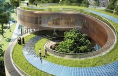 an artist's rendering of a circular building with stairs and grass on the ground