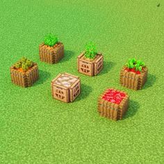 several small wooden boxes with plants growing out of them on a green surface in minecraft