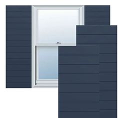 three different types of windows on the side of a building with blue siding and white trim