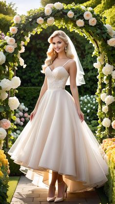 a woman wearing a wedding dress standing in front of a flower arch with her hands on her hips