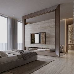 a bedroom with a large bed and mirror on the wall