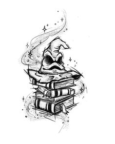 a stack of books with a skull sitting on top of it and stars in the background