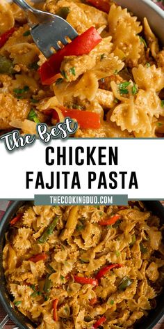 Chicken fajita pasta on a fork and in a pan. Chicken Fajita Alfredo Pasta, One Pot Meals Stove Top, Healthy Stove Top Recipes, Chicken Breast Recipes Pasta, Chicken Breast Recipes Stove Top, Steak Fajita Pasta, Chicken Fajita Pasta Recipe, Fajita Skillet