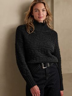 Karo Jacquard Sweater | Banana Republic Black Sweater Outfit, Womens Black Sweater, Geometric Sweater, Jacquard Sweater, Women's Sweaters, Trend Fashion, Sweater Women, Black Sweater, Funnel Neck