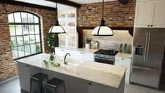 a kitchen with brick walls and an island in the middle, surrounded by stools