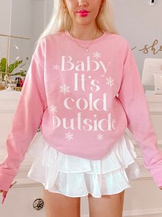 Cold Outside Winter Pink Crewneck | Sassy Shortcake | sassyshortcake.com Pink Letter Print Sweater For Winter, Winter Pink Cotton Sweater, Cute Pink Sweatshirt With Ribbed Cuffs, Winter Crew Neck Sweatshirt With Letter Print, Winter Crew Neck Pink Top, Winter Pink Crew Neck Top, Pink Crew Neck Top For Winter, Pink Cozy Fit Sweatshirt For Winter, Cozy Fit Pink Sweatshirt For Winter