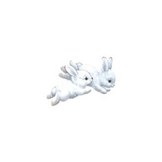 two white rabbits are flying in the air with their tails curled up and eyes closed