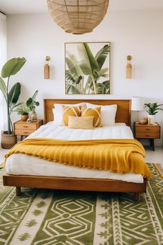 a bed with yellow blankets and pillows in a bedroom next to a painting on the wall