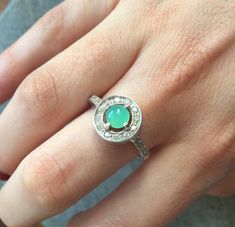 Chrysoprase Ring set with an Australian Chrysoprase - Genuine Chrysoprase (0.6 ct) in a flawless clarity & color, with cz diamonds around. Promise Ring design made of Solid 925 Sterling Silver (no “coating" ☞ only Solid Pure Silver - made to last). ⌛Last Rings left ⌛ May Birthstone - Genuine & Natural Stones ❀ ☞ Choose your size ☞ I resize (before shipping) for FREE to Any size* The only real genuine Chrysoprase you will see on etsy at this price range ♕ Matching Earrings: www.etsy.com/uk/listin Chrysoprase Ring, Silver Jewelry Diy, Green Gemstone Ring, Fine Silver Jewelry, Fire Opal Ring, Silver Jewelry Design, Real Jewelry, Victorian Rings, May Birthstone