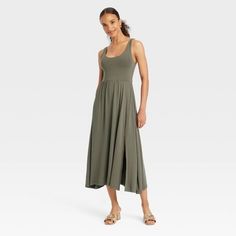 Women's Midi Ballet Dress - A New Day™ Olive S Stretch Midi Dress For Brunch, Fitted Solid Midi Dress For Loungewear, Stretch Mid-length Summer Dress, Stretch Midi Dress For Fall Loungewear, Fall Stretch Midi Dress For Loungewear, Casual Maxi Length Dress, Casual Elastane Maxi Dress For Summer, Fitted Longline Midi Dress For Summer, Versatile Stretch Maxi Dress For Spring