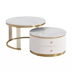 two white tables with gold accents on them