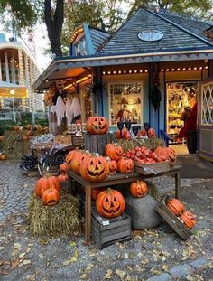 pumpkins on display in front of a store