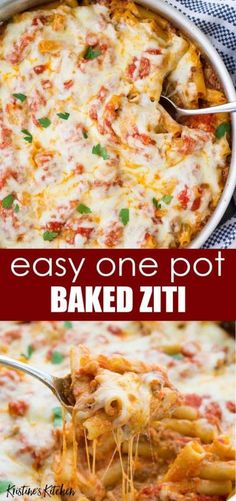 easy one pot baked ziti recipe in a casserole dish