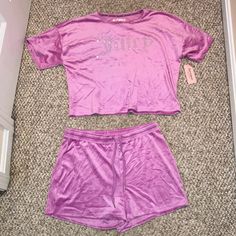 Nwt Short Sleeve + Shorts Velour Pajama Set Bright Purple/Pink With “Juicy” Bedazzled On Front Of Top And Back Of Shorts Super Soft Stretchy Velvet Material Could Also Be Worn As A Lounge Set Stretch Purple Sleepwear For Loungewear, Stretch Purple Sleepwear For Lounging, Purple Stretch Sleepwear For Pajama Party, Bright Purple, Velvet Material, Lounge Set, Lounge Sets, Juicy Couture, Women's Intimates