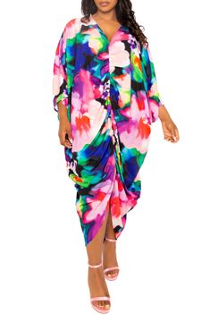 Softly focused blooms bring bright color to a party-ready dress shaped with center ruching. Deep V-neck Three-quarter sleeves 95% polyester, 5% spandex Hand wash, line dry Imported Bold Floral Print, Designer Drapes, Long Shirt Dress, Dress Shapes, Kaftan Dress, Long Sleeve Shirt Dress, Shop Maxi Dresses, Ruched Dress, Floral Dress Black